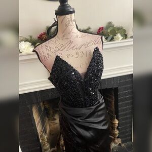 Beaded sexy black satin corset prom dress formal dress or evening gown size 2
